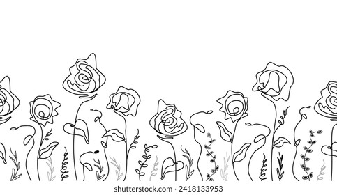 A seamless, modern pattern of abstract rose flowers. an artistic drawing in the one line style. A hand-made floral design. for print, covers, wallpapers, minimalistic, natural art vector graphics.