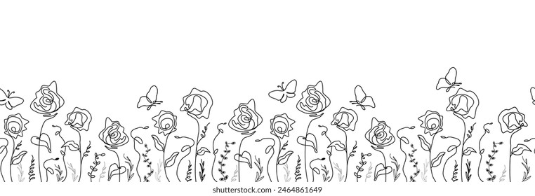 A seamless, modern pattern of abstract rose flowers, butterfly.  drawing in the one line style. A hand-made floral design. for print, wallpapers, minimalistic, natural art vector graphics.