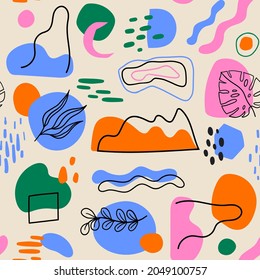 Seamless modern pattern with abstract various shapes and doodle objects. Trendy contemporary design