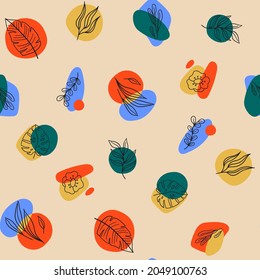 Patrón moderno sin inconvenientes con formas abstractas, plantas de doodle y hojas. Diseño contemporáneo de moda