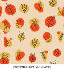 Seamless modern pattern with abstract various shapes, doodle plants and leaves. Trendy contemporary design