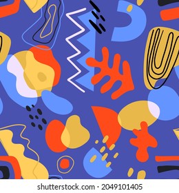 Seamless modern pattern with abstract various shapes and doodle objects. Trendy contemporary design