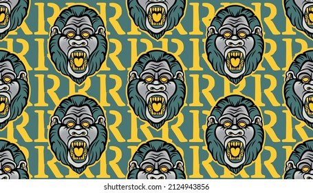 Seamless modern pattern with angry monkey. Wild animal with grin.
