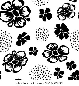 Seamless modern pattern of black silhouettes of abstract flowers and dots on a white background. Trendy abstract art template for printing onto fabric, wrapping paper, cover, postcards, background.