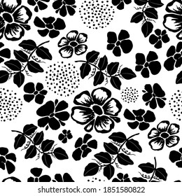 Seamless modern pattern of black silhouettes of abstract flowers and dots on a white background. Trendy abstract art template for printing onto interior fabric, wrapping paper, cover, postcards