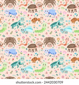 Seamless modern pattern with different cute insects. Vector ornament