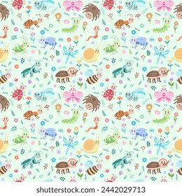 Seamless modern pattern with different insects, flowers and leaves. Vector ornament