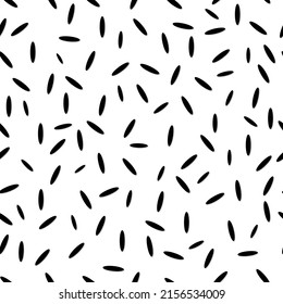 Seamless modern pattern with elements of rice black grains on a white background. Printing on fashionable fabrics, textiles, decorative pillows. Vector.