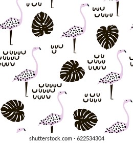 Diseño moderno sin inconvenientes con flamingo y rama de palma Textura de moda creativa.Diseño preparado para tela, textil. Ilustración del vector