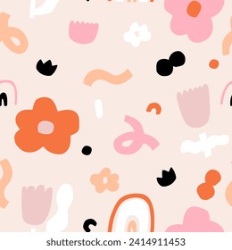 Patrón moderno sin inconvenientes con plantas dibujadas a mano, formas abstractas, texturas. Fondo floral creativo. Perfecto para el diseño de tejidos, papel pintado, vestimenta.  Ilustración del vector