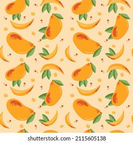 Seamless modern pattern with mango and dots in hand drawn style. Vector summer pattern in orange