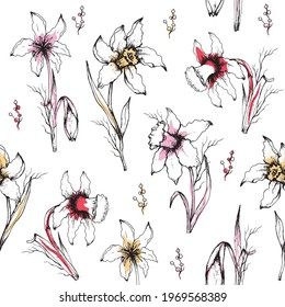 seamless, modern pattern of monochrome  background. hand-drawn flowers (primroses) in the style of realism. vector art sketch in a minimalistic style. for Wallpaper, paper, print, your ideas.