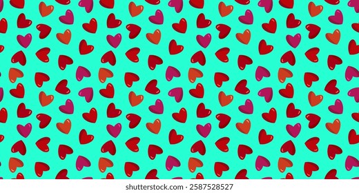 Seamless modern pattern with pink and red hearts on a blue background, for lovers, Valentine's Day red confetti, flat lay, top view. Card, web design, textile