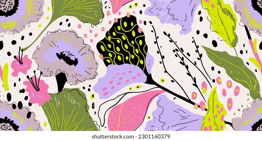 Seamless modern pattern with purple mallow flowers. Exotic floral pattern with abstract elements on beige background. Hand drawn creative texture with botany, leaves, branches, flowers in bloom