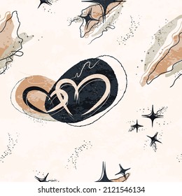 nahtloses, modernes Muster. romantisches Herz mit kosmischen Sternen. organische Figur, handgezeichnete abstrakte Objekte. Einzelbanner, Minimalismus, Boho Art Stil. für Papier, Druck, Banner, Postkarte