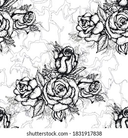 seamless, modern, pattern of roses, grass, decorative Wallpaper, hand-drawn composition in vintage style monochrome illustration of flowers, isolated on a white background. for printing, paper, design