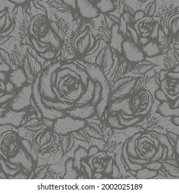 seamless, modern, pattern of roses, grass.  hand-drawn wallpapper in vintage style. isolated, art botanica illustration of flowers. for print, paper, design your ideas. realistic vector.