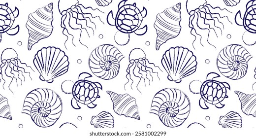 Seamless modern pattern of silhouettes of marine animals turtle jellyfish shells drawn in blue pen on a white background. Postcard textile print and background