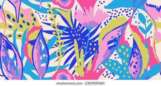 Seamless modern pattern with tropical plants. Exotic colorful floral pattern with abstract elements on beige background. Hand drawn collage with leaves, branches, flowers. Freehand illustration