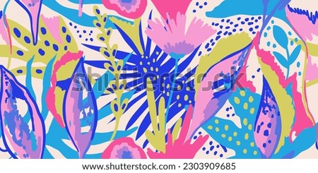 Seamless modern pattern with tropical plants. Exotic colorful floral pattern with abstract elements on beige background. Hand drawn collage with leaves, branches, flowers. Freehand illustration