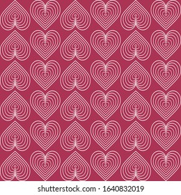 Seamless modern pattern. In vintage art deco style. Isolated white heart-shaped elements on a red, light burgundy background. For background, fill, packaging, and wallpaper design.