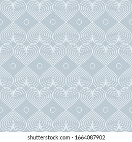Nahtloses modernes Muster. Im Stil der Vintage Art Deco. Einziger weißer Farbverlauf-Linien von Herzelementen auf grauem Hintergrund. Trend 2020. Für Hintergründe, Füllungen, Verpackungen, Tapeten-Design, Druck etc.
