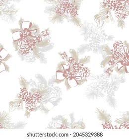 Seamless modern pink ball ornament of snowflakes. Blinds. Christmas winter curtains. Bouquet of winter plants. Manual composition.Design for textile, wallpapers，Element for design,Greeting card