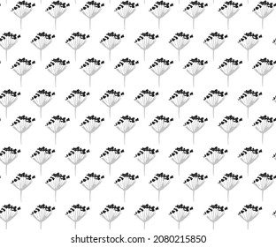 Seamless modern plant pattern of black berries on grey branches in a chaotic order, ideal for drawing on fabric or interior decoration regular repeat pattern can be used for textile.
