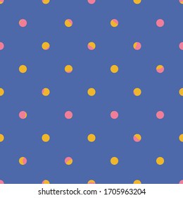 Seamless modern polka dot repeat vector pattern with colorful spotty shapes in a pink, yellow, and purple colour scheme. Perfect for fashion design, textile design, home decor and fabric printing.