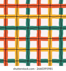 Padrão abstrato simples moderno contínuo de listras quadriculadas multicoloridas com linhas pretas finas no plano de fundo claro; ilustração vetorial desenhada à mão simples, estilo plano