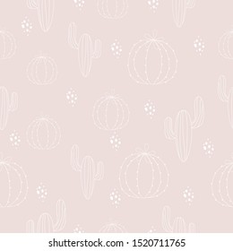 Seamless Modern simple white line texture cactus pattern on pink background. Light pink abstract floral wallpaper, bright tile ornament.