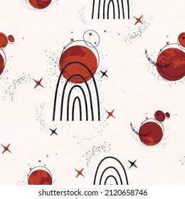 diseño espacial moderno y sin costura. arco iris, estrella, figura orgánica. objetos abstractos dibujados a mano. banner aislado, minimalismo, estilo boho art. papel, impresión, pancarta, postal