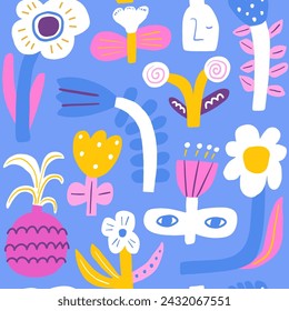 Patrón floral de estilo moderno sin costuras. Flores abstractas simples con ojos. Fondo vectorial azul flor ideal para la tela, textil