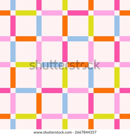 Seamless modern summer abstract pattern of multicolored bright checkered stripes on a light background; simple vector illustration, flat style
