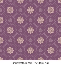 Seamless modern Thai contemporary art pattern. Light colored square lines purple background. Light brown flowers that are octagon in shape. Vector illustration.