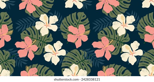 Seamless modern tropical pattern with leaves and hibiscus white and pink