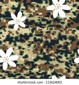 Seamless modern U.S. Woodland pattern camouflage with flower foreground