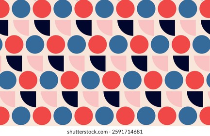 Seamless modern vector abstract geometric pattern with semicircles and circles in retro Scandinavian style, blue, red, pink colors. Perfect for textiles, wallpapers, backgrounds contemporary designs
