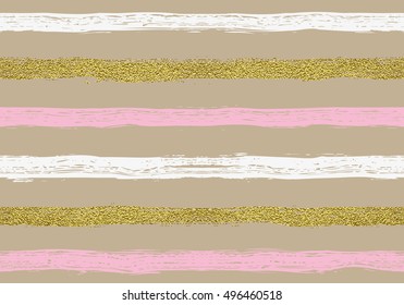 Seamless modern vector pattern with horisontal gold stripes. Festive background, greeting card or wrapping paper.