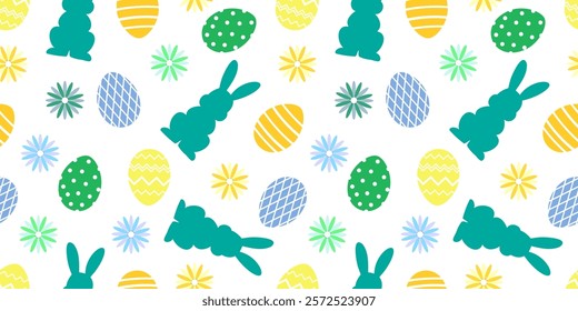 Seamless modern vector pattern with outlines of emerald rabbits, Easter eggs and flowers in blue and yellow colors.
