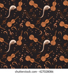 Seamless modern violin pattern can be used for wallpaper, website background, textile printing. Violin pattern on dark background. Music backgrounds. Music theme.