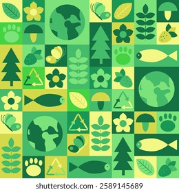 Seamless modular eco-friendly pattern with nature symbols, including Earth, trees, leaves, animals, and recycling icons in a geometric design. Vector geometric illustration for wrapping or wallpaper