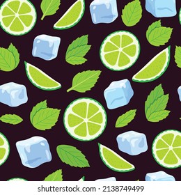  Seamless mojito pattern. Graphic illustration of mojito cocktail ingredients : lime slices, mint leaves, ice cubes on a dark background 