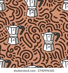 Seamless moka pot pattern with abstract doodle and calm face elements, hand drawn repeat ideal for café branding, packaging, textile print and creative coffee themed design.