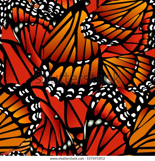 Seamless Monarch butterfly pattern wings on white, wallpaper. 
