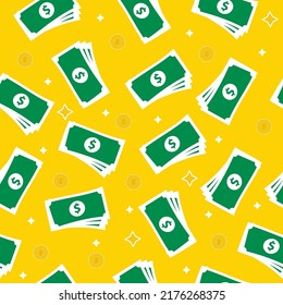 Patrón de dinero impecable con billetes y monedas. Ilustración vectorial con gradientes simples.