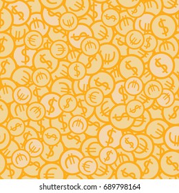 Seamless money pattern with coins with dollar and euro signs. Gold background with precious metal coins in chaotic manner. Flat hand draw style. Vector illustration