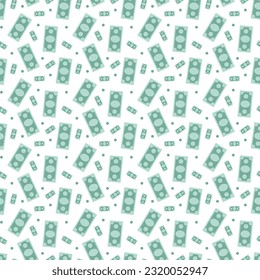 Seamless money pattern with many dollar currency signs. Green background with paper banknotes in chaotic manner. Flat hand draw style