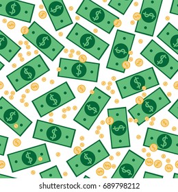 Seamless money pattern with many dollar currency signs on white background. Paper banknotes and coins in chaotic manner. Flat hand draw style. Vector illustration