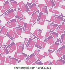 Seamless money pattern with many euro currency signs. Pink background with paper banknotes in chaotic manner. Flat hand draw style. Vector illustration